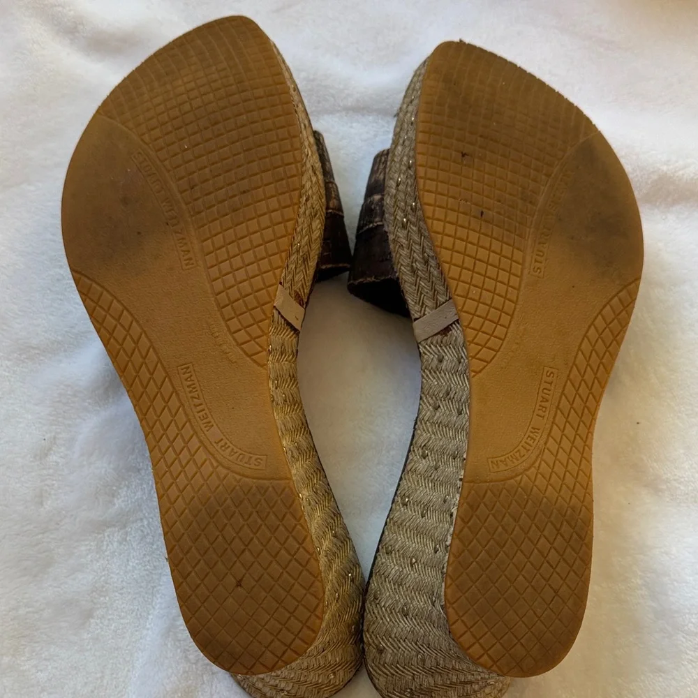 Stuart Weitzman Chocolate Cork Wedge Slide Sandals with Gold Studs - Picture 4 of 6